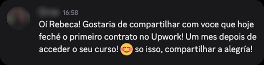 Depoimento de aluno 15: print de conversa com resultado em Upwork ou freelas internacionais.