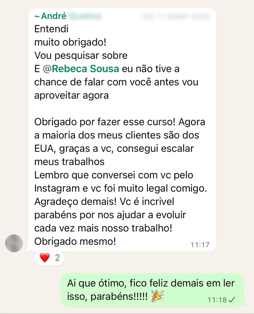 Depoimento do André no WhatsApp: maioria dos clientes nos EUA após o curso Freelux.