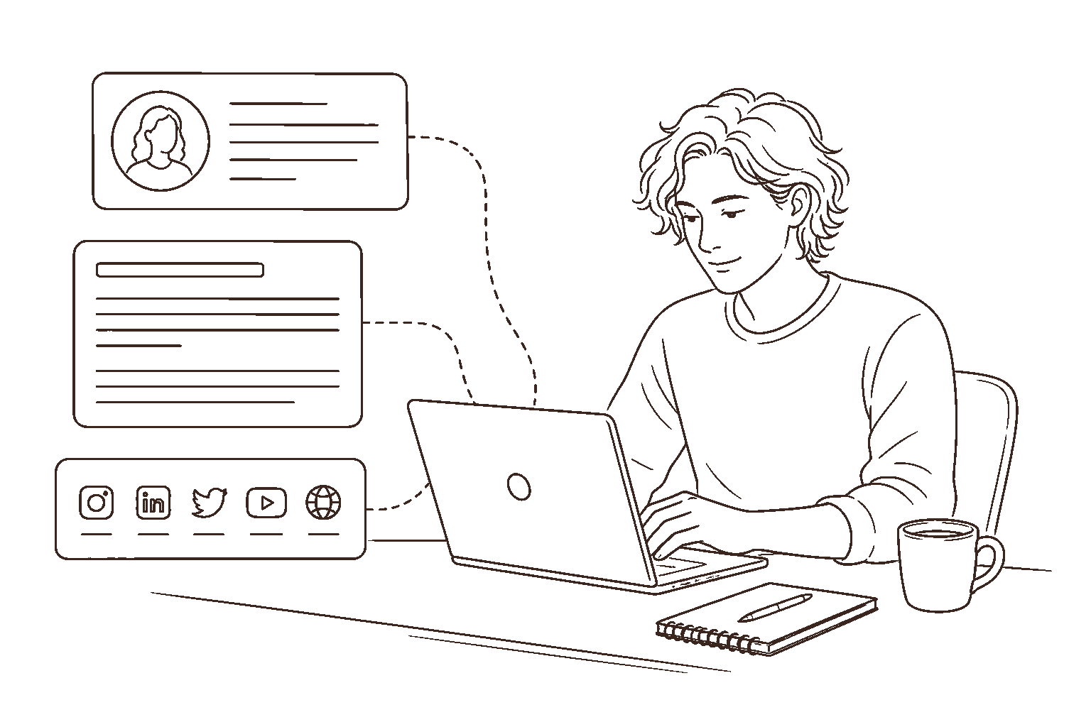 Ilustração line art: profissional construindo marca pessoal no notebook, com painéis de avatar, comunicação e identidade visual.